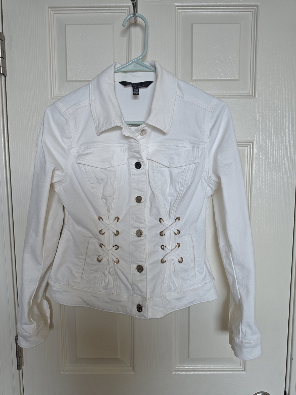White House Black Market White Lace-Up Denim Jacket
